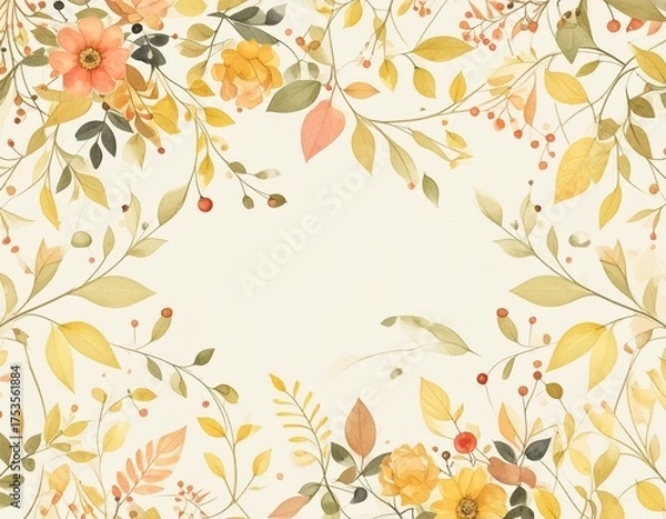 Fototapeta a floral arrangement with flowers and foliage in shades of yellow, orange, and green, framing a central blank space. The design creates a decorative border or frame.