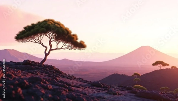 Obraz Serene Landscape with Lone Tree and Distant Mountains at Sunset.