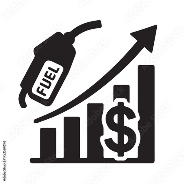 Obraz Black fuel nozzle and dollar sign on a rising bar chart with an upward arrow representing fuel price growth, inflation, and increasing energy costs in the global oil market.