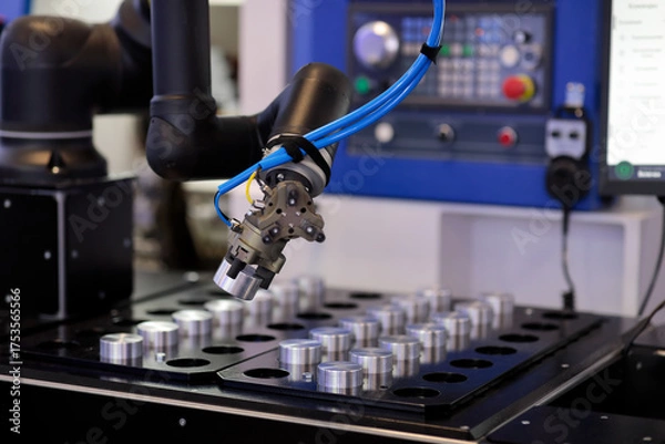 Obraz robot manipulator loads workpiece in CNC machine