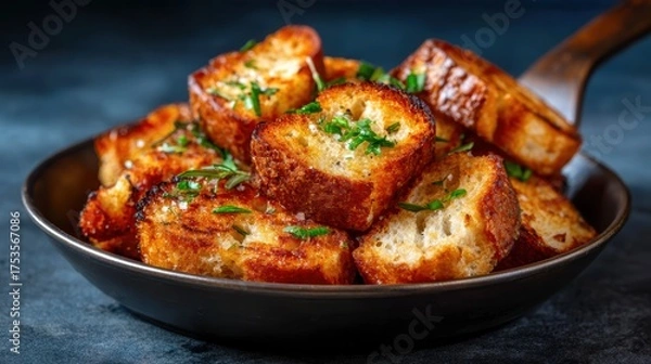 Fototapeta A delightful bowl of golden, crispy croutons garnished with fresh herbs, making a perfect garnish for soups and salads, embodying comfort food and homemade cooking vibes.