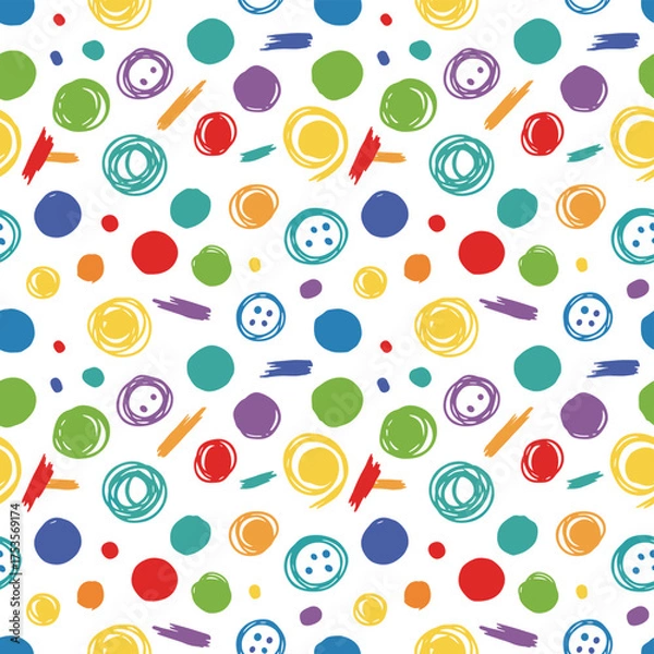 Fototapeta Vibrant circular doodles create a seamless pattern, hand‑drawn with colorful dots and vector brush strokes, ideal for wallpapers, pattern fills, web page backgrounds, and surface text