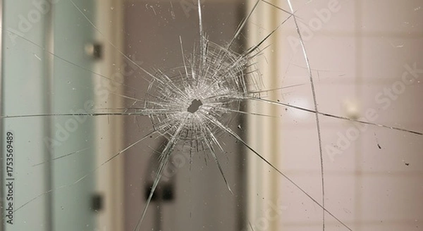 Fototapeta Broken glass surface with shattered pattern and cracks close up