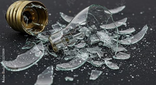 Fototapeta Broken light bulb with glass shards on a dark surface studio shot