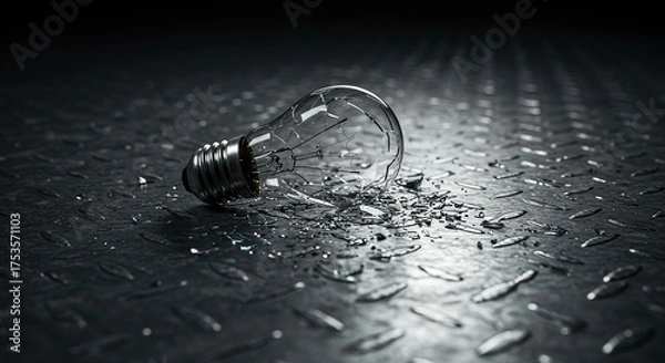 Fototapeta Broken lightbulb on textured metal surface concept of idea failure
