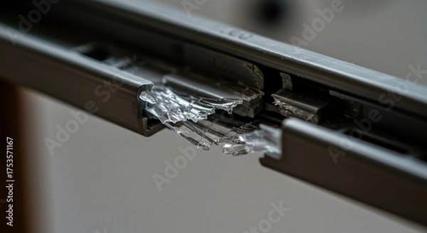 Fototapeta Broken metal window frame section close up for damage concept