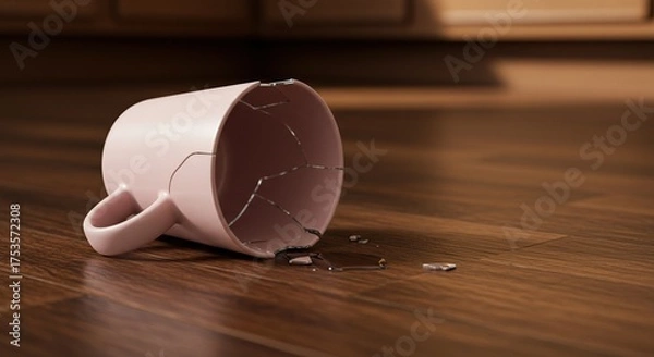 Fototapeta Broken pink mug on wooden floor conceptualizing fragility and damage