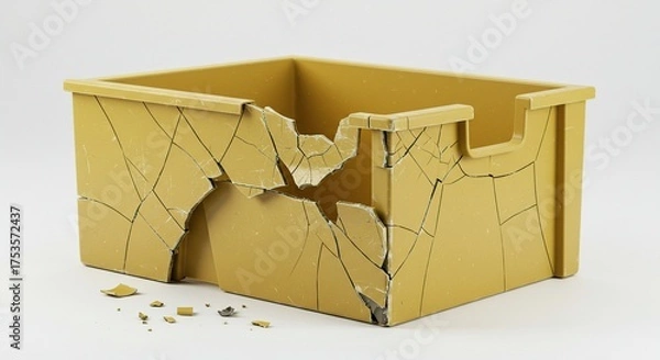 Fototapeta Broken plastic container against a white background showing cracks and damage