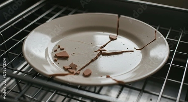 Fototapeta Broken plate on wire rack showing cracks and debris close up view