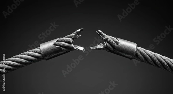 Fototapeta Broken steel cable isolated on dark background illustrating failure and tension