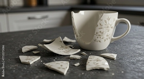 Fototapeta Broken teacup on a countertop showing fragments of porcelain and floral design