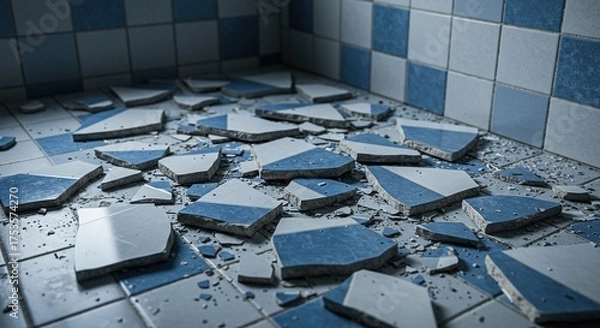 Fototapeta Broken tiles on floor in a room with blue and white checkered pattern