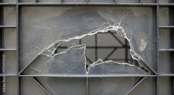 Fototapeta Broken window pane framed in dark gray abstract damage concept