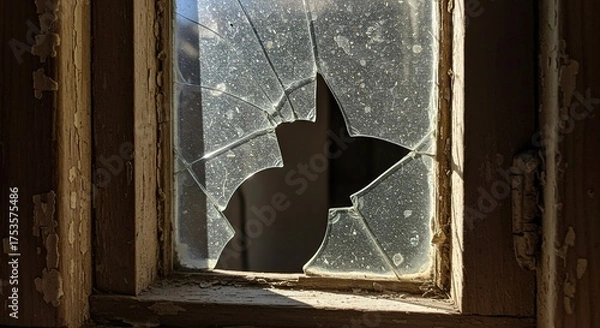 Fototapeta Broken window with shattered glass against a faded wooden frame in daylight