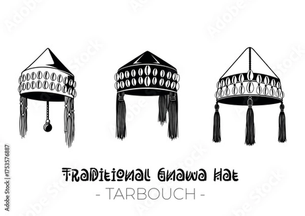 Fototapeta Traditional Moroccan Gnawa tarbouch hat with cowrie shells and tassels, black and white vector illustration