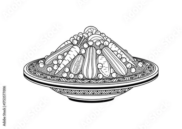Fototapeta Traditional Moroccan couscous with vegetables, black and white vector illustration