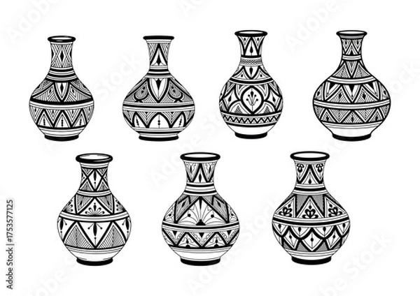 Fototapeta Set of traditional Moroccan decorative vases with geometric Amazigh patterns, black and white vector illustration