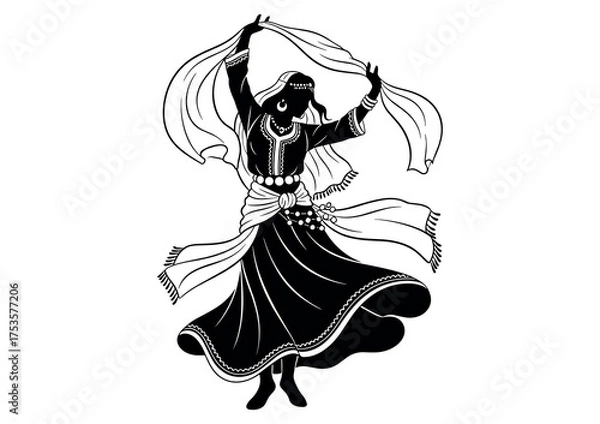Fototapeta Silhouette of an  Arabic dancer raising scarf in traditional outfit, black and white vector illustration