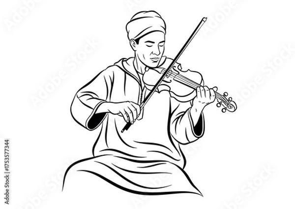 Fototapeta Moroccan traditional musician playing violin in black and white vector illustration