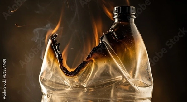 Fototapeta Burning plastic bottle showing flame damage and environmental concerns