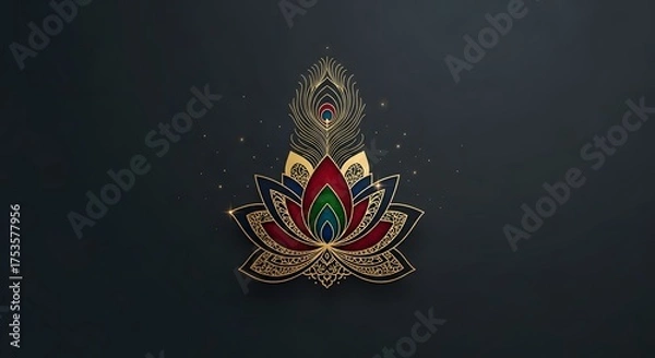 Obraz Intricate golden lotus flower with colorful petals and sparkling glitter on a dark background