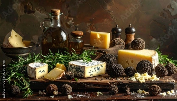 Obraz A still-life featuring assorted cheese, truffles, herbs, olive oil, pepper grinders, and accompaniments on a rustic wooden surface