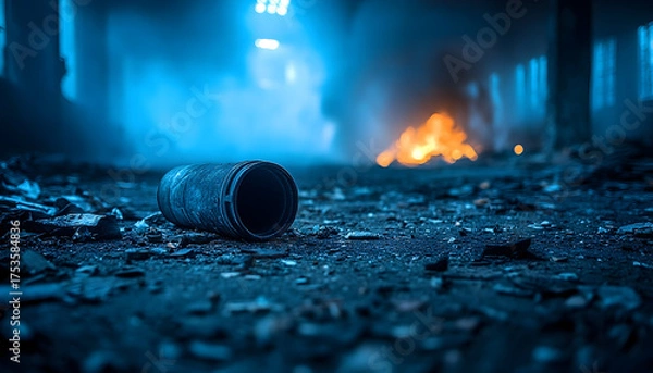 Fototapeta Grunge dark background with cylinder and fire