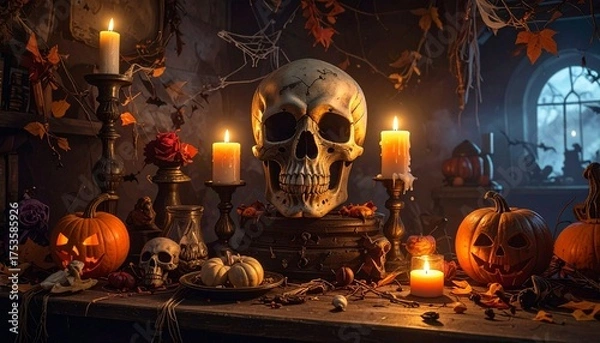 Fototapeta Atmospheric Halloween scene with skull centerpiece, glowing candles, jack-o'-lanterns, dried autumn leaves, eerie shadows, and vintage props on a dark wooden table in spooky candlelit room. 2