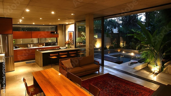 Obraz Modern house interior with open plan kitchen and pool view