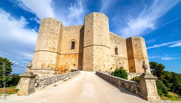Obraz A stone castle with octagonal towers and a drawbridge, bathed in sunlight against a clear blue sky with puffy clouds. The path leading to the castle is open