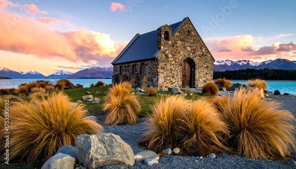 Obraz A stone church sits serene lakeside, backed by snow-capped mountains, under a pastel sky with grassy foreground