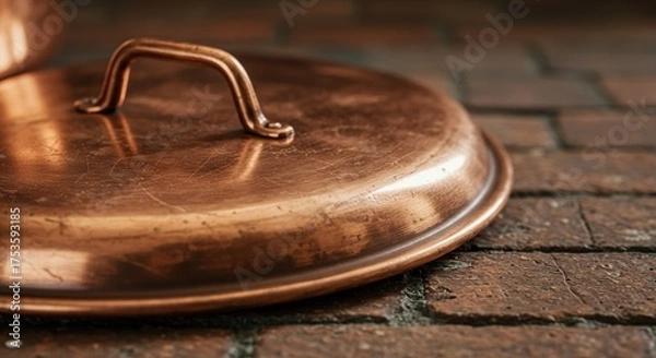 Fototapeta Close up of a copper pot lid with handle on brick surface