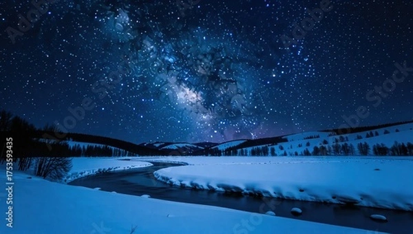Fototapeta Winter night landscape with a winding river under a starry sky and the Milky Way.