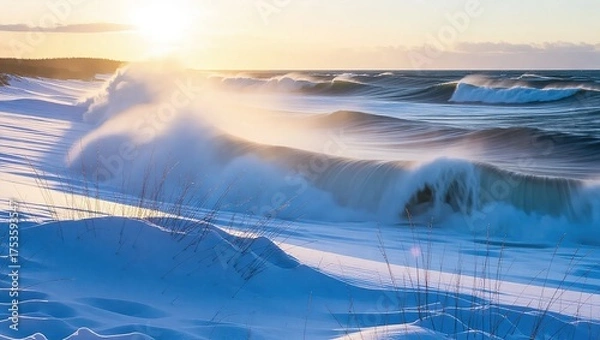 Fototapeta Winter Ocean Sunset with Snow Covered Beach and Crashing Waves.