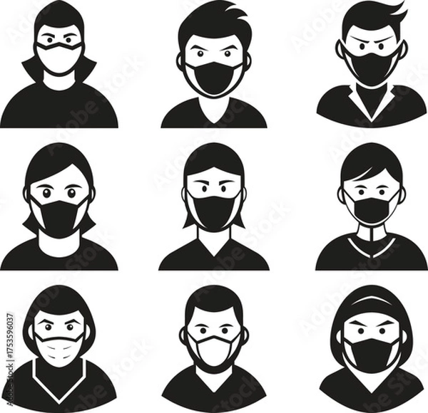 Fototapeta Diverse group of people wearing face masks in simple silhouette style