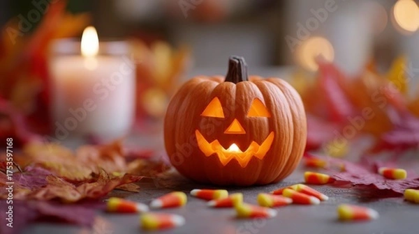 Obraz A Festive Halloween Scene Featuring a Carved Pumpkin Surrounded by Colorful Autumn Leaves and Candy Corn, Illuminated with Warm Candlelight