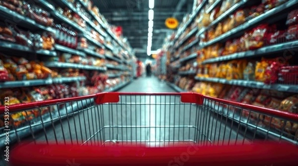 Obraz Empty red shopping cart in supermarket aisle with colorful shelves