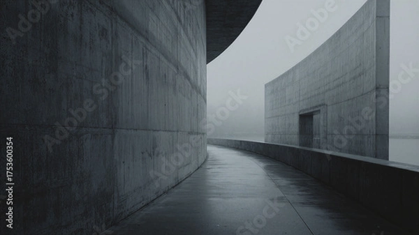 Fototapeta Curved Concrete Architecture Path in Fog – Minimal Urban Design Photography