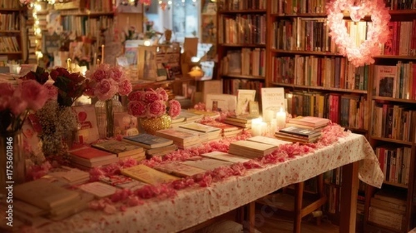 Fototapeta A charming bookstore features a display table adorned with pink flowers candles and a collection of books. Soft lighting enhances the inviting ambiance perfect for readers.