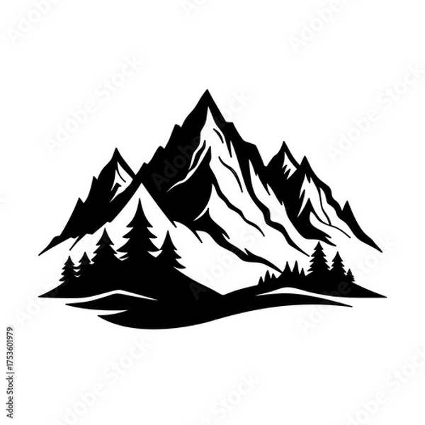 Obraz Mountain Landscape with Pine Trees Silhouette Vector Illustration