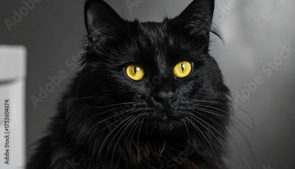 Obraz A striking portrait of a fluffy black feline with piercing yellow eyes, contrasted against a blurred gray backdrop
