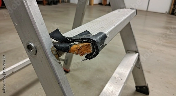 Fototapeta Close up of a metal ladder with broken parts and damage
