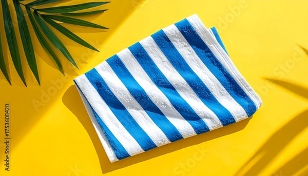 Obraz A striped, folded cloth, likely a towel, lies on a bright yellow surface. Green palm leaves cast shadows