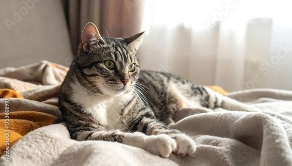 Obraz A striped tabby cat lounges peacefully on a plush, rumpled bed. Sunlight streams in from a window, illuminating its fur and creating a soft, warm atmosphere