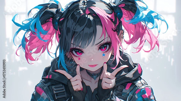 Fototapeta Girl in zipper jacket and two finger pose ready for photo, Anime style