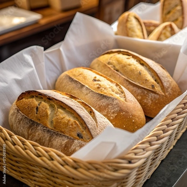 Obraz Freshly Baked Artisan Bread in Rustic Basket Display