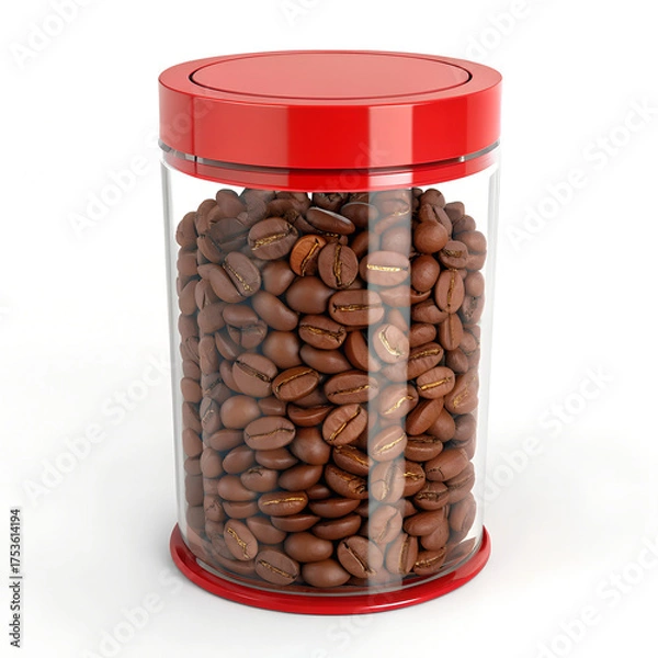 Fototapeta Fresh Coffee Beans in Stylish Red Storage Jar