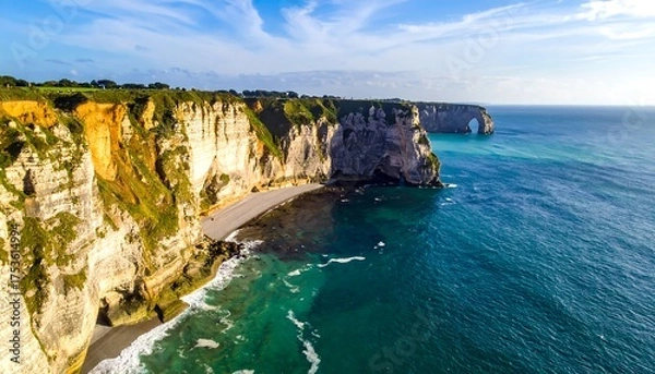 Obraz A stunning aerial view showcases dramatic coastal cliffs meeting a clear, turquoise ocean. The scene is bathed in sunlight, with a natural arch