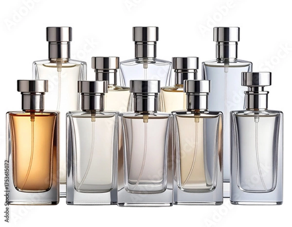 Obraz  Front View of Designer Perfume Bottles in Symmetrical Minimalist Arrangement, Isolated