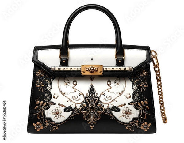 Obraz  Front View of Black and White Embroidered Handbag with Shiny Gold Chain, Isolated